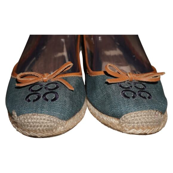 Coach Denim Espadrille Ballet Flats Women’s 10 Blue Tan Logo Bow Casual Shoes - Picture 2 of 9